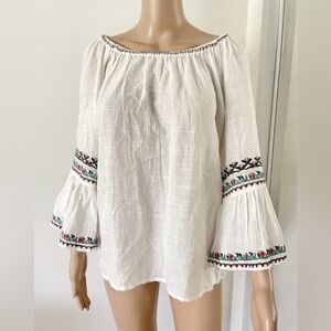 Max Studio Embroidered Bell Sleeve Festival Boho Top Cream Size S Off Shoulder